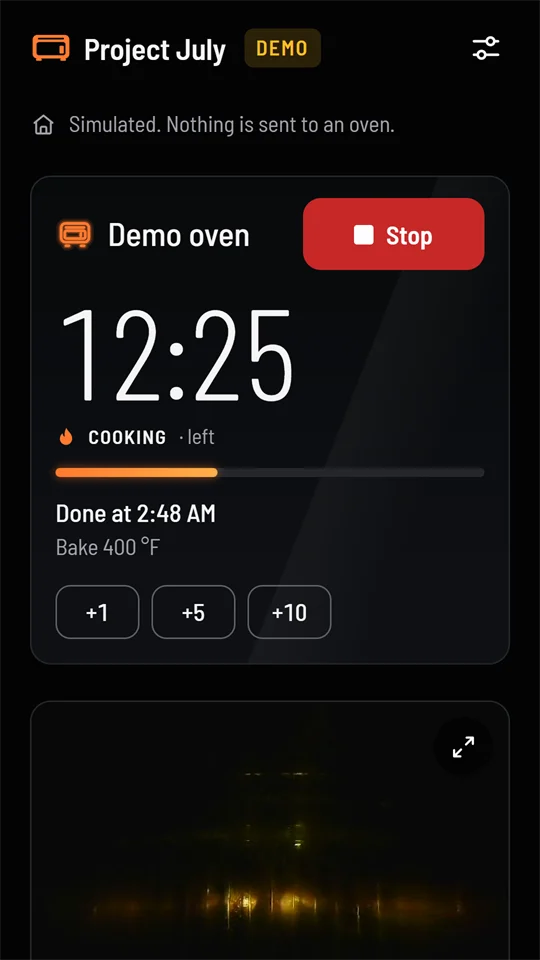 Cooking: 12:25 left with a red Stop button, add-time buttons and the camera tile.
