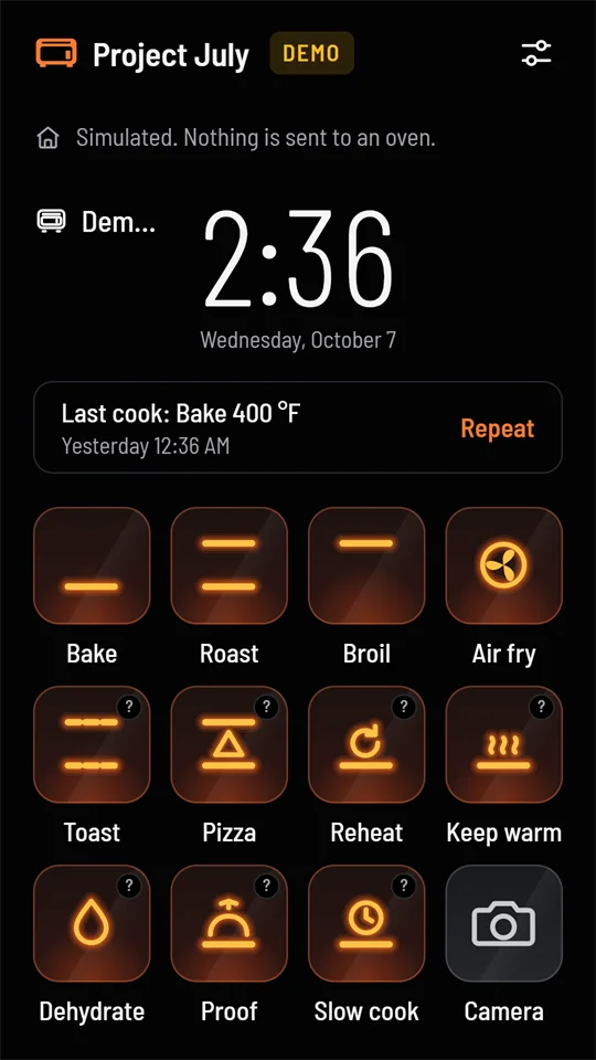 Home screen with the oven off: a big clock, the last cook (Bake 400 °F) with Repeat, and twelve glowing tiles for the cook modes and the camera.