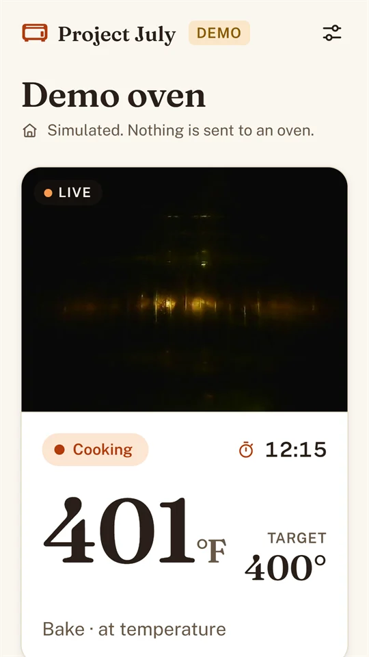 The July theme in light mode: the camera above a large 401 °F reading.