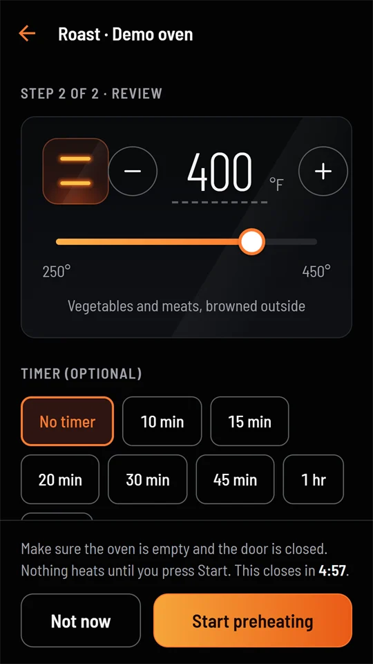 Start review for Roast at 400 °F with a slider, timer choices and Start preheating.