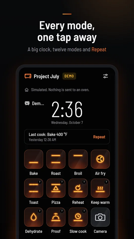 Every mode, one tap away. The home screen with the clock, last cook and mode tiles.