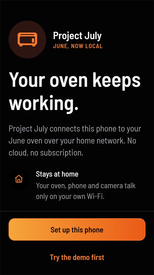 Welcome screen: Your oven keeps working, with Set up this phone and Try the demo first.