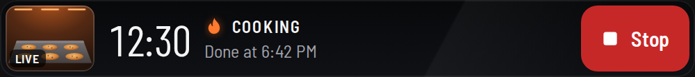 Compact card: 12:30 left, cooking, done at 6:42 PM, with a Stop button.