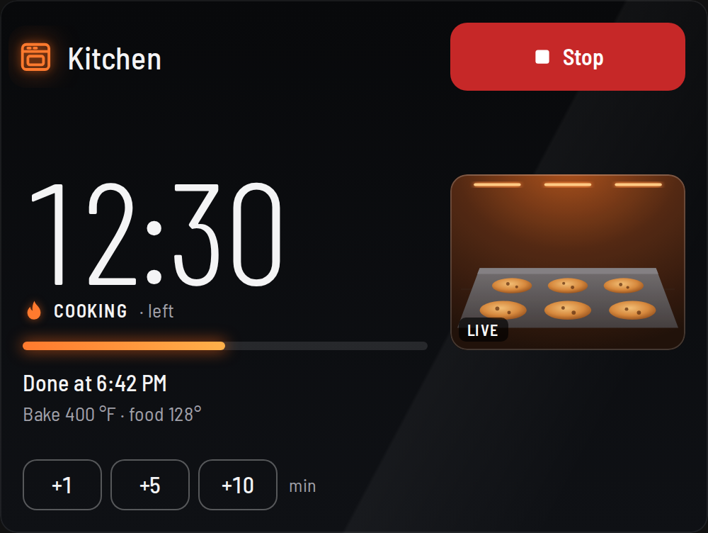 Cooking screen with numbered callouts: 12:30 left, Cooking, progress bar, Done at 6:42 PM, plus 1, 5 and 10 minute chips, Stop button and live camera.