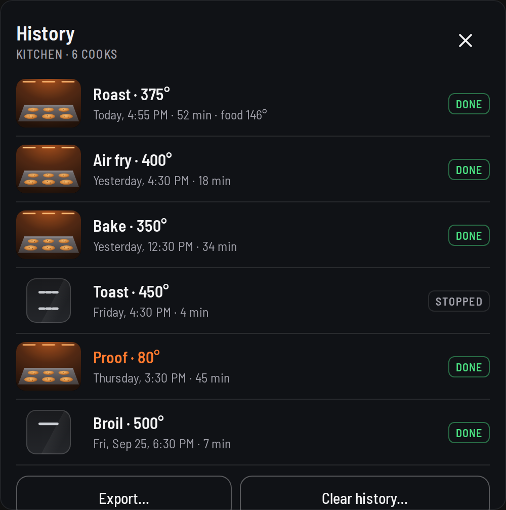 History list for Kitchen, 6 cooks: Roast 375°, Air fry 400°, Bake 350°, Toast 450° stopped, Proof 80°, Broil 500°, each with time, length and a Done or Stopped mark.