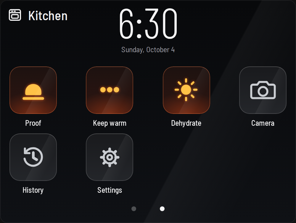 Page 2 of the home screen: Proof, Keep warm, Dehydrate, Camera, History and Settings, with the second page dot lit.