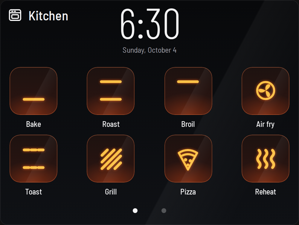 The July Oven card's home screen: the Kitchen oven's icon and name, the time 6:30, and the first page of mode tiles: Bake, Roast, Broil, Air fry, Toast, Grill, Pizza and Reheat.