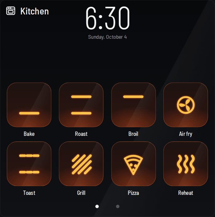 Animation: on page 2, tapping Settings opens the settings sheet; it scrolls to Oven icons, where the bread and then the star icon are picked for Kitchen; closing Settings shows the star next to the oven's name.
