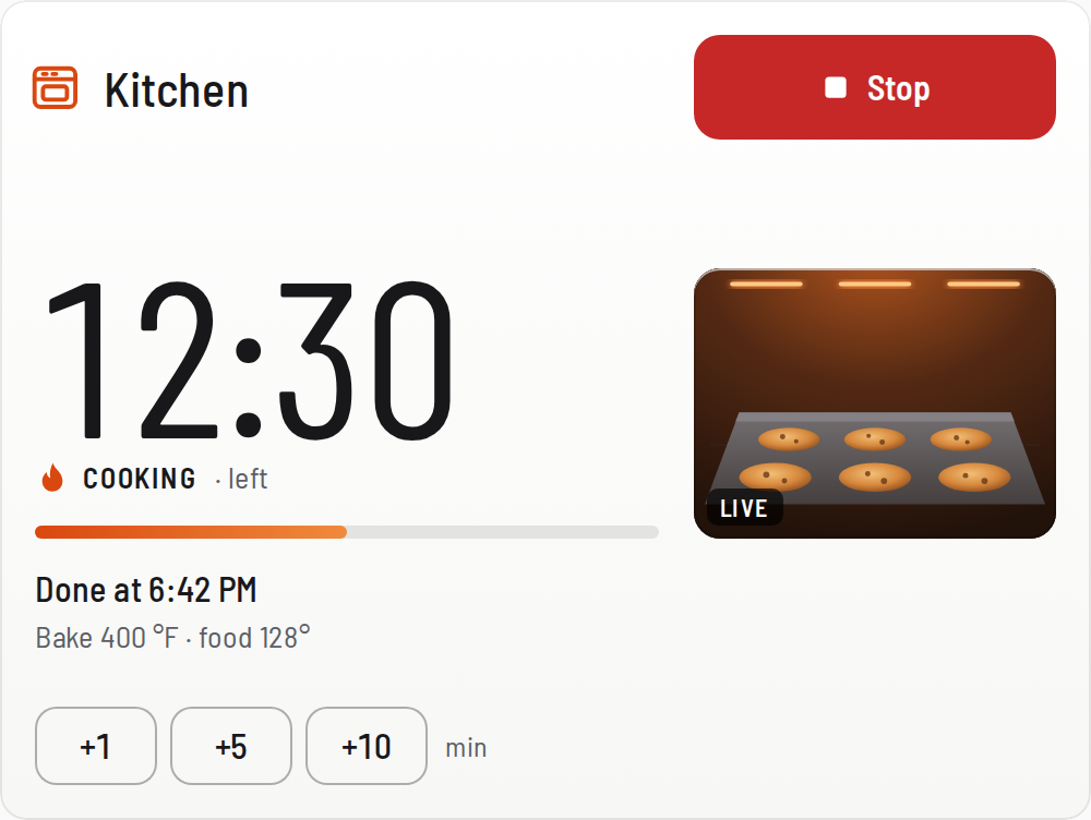 Light look while cooking: dark 12:30 timer on a white card with an orange progress bar.