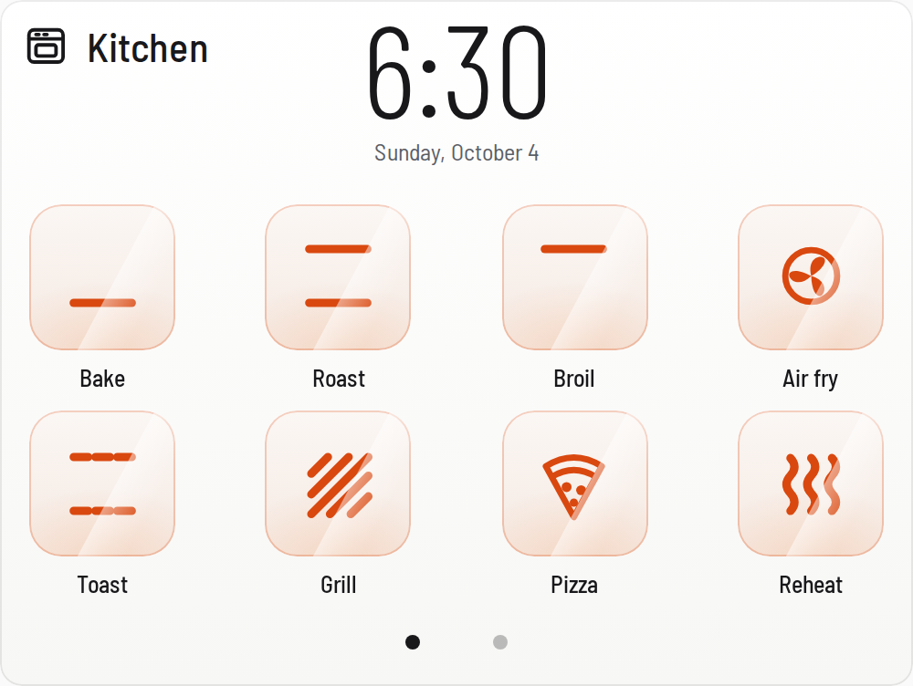 Light look of the home screen: white card, dark clock and orange-tinted mode tiles.