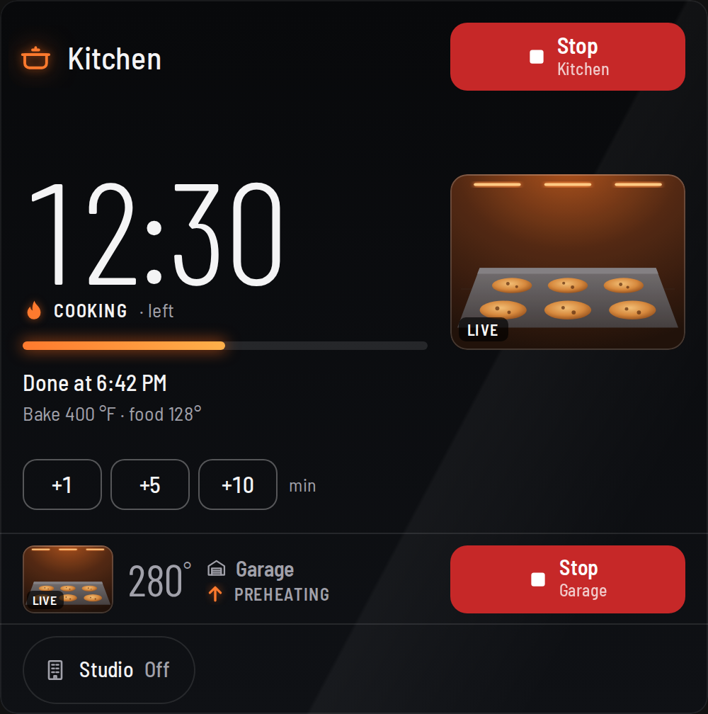 A card with three ovens: Kitchen cooking in full view, Garage preheating in a row with its own Stop, and Studio off as a small button.