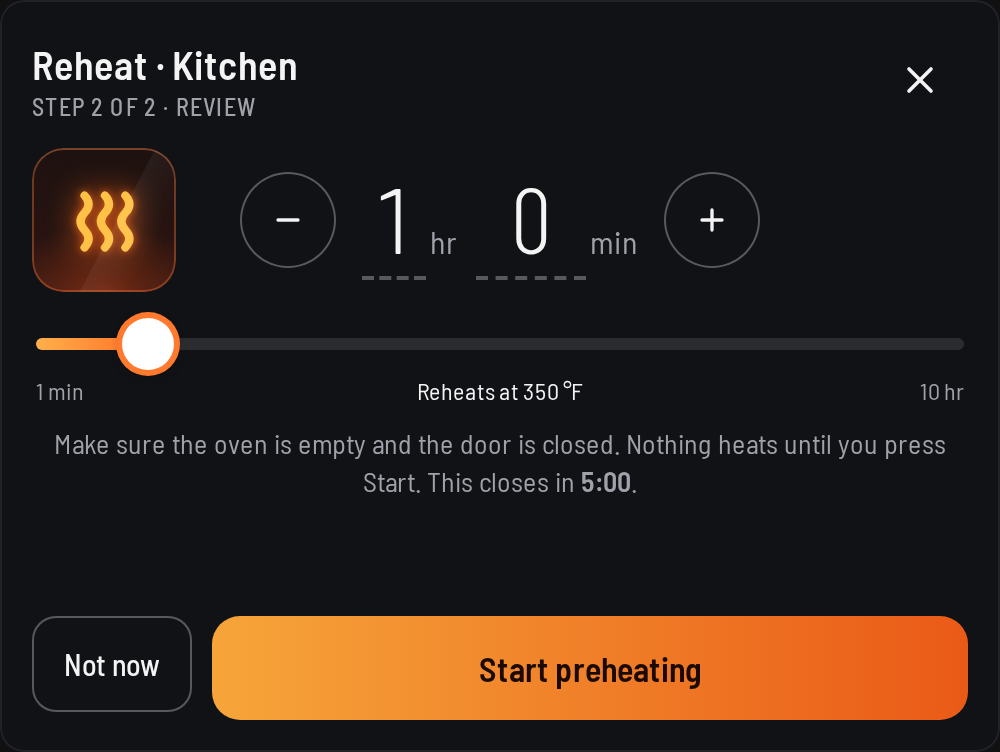 Reheat review: a timer reading 1 hr 0 min with − and +, a slider from 1 minute to 10 hours, and the line Reheats at 350 °F.