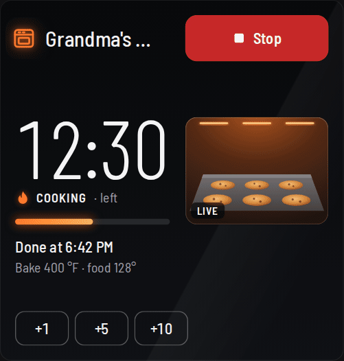 Animation: a long oven name, Grandma's Sunday Kitchen Oven, is cut off with an ellipsis; while the pointer hovers over it, the name scrolls to show the rest.