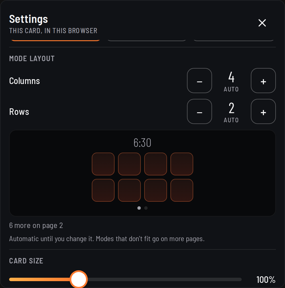 Settings scrolled to Mode layout: Columns 4 and Rows 2, both automatic, with − and + buttons over a small picture of the home screen; below it the Card size slider at 100%.