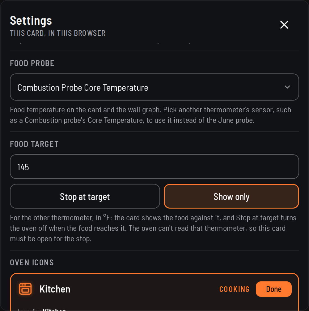 Settings scrolled to Food probe, set to Combustion Probe Core Temperature, then Food target 145 with Stop at target and Show only.