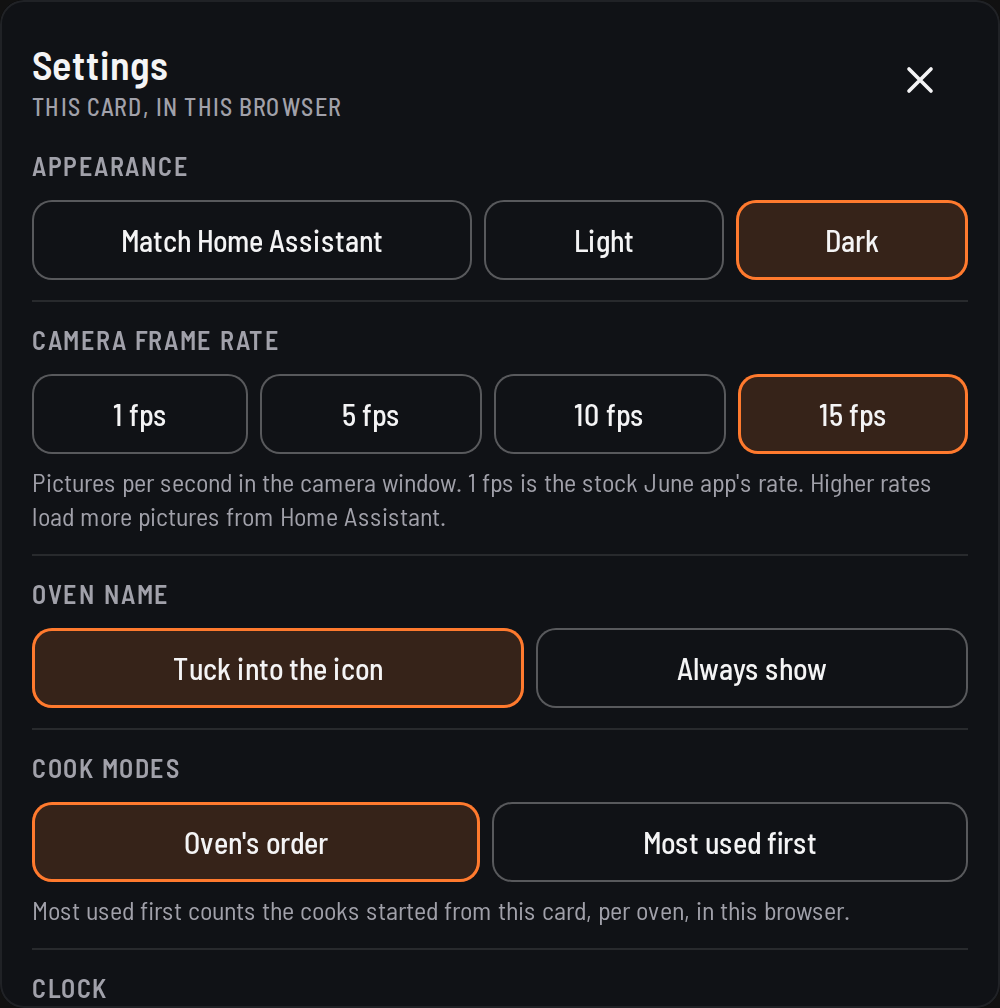 Settings sheet: Appearance (Match Home Assistant, Light, Dark), Camera frame rate (1, 5, 10, 15 fps), Oven name (Tuck into the icon, Always show) and Cook modes (Oven's order, Most used first).