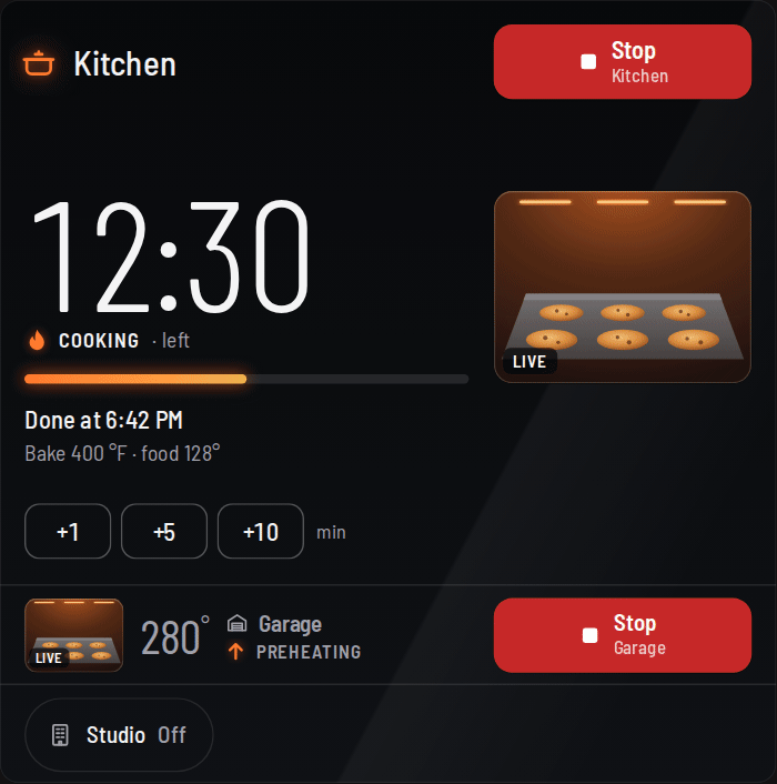 Animation: tapping the Kitchen icon opens the oven menu; picking Studio shows Studio's home screen with the other two ovens as rows below; the menu is opened again and Garage is picked.