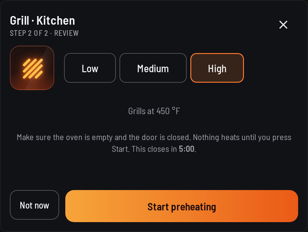 Grill review: Low, Medium and High, with High picked, and the line Grills at 450 °F.