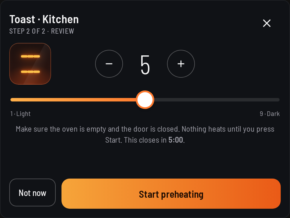 Toast review: level 5 with − and +, and a slider from 1 Light to 9 Dark.