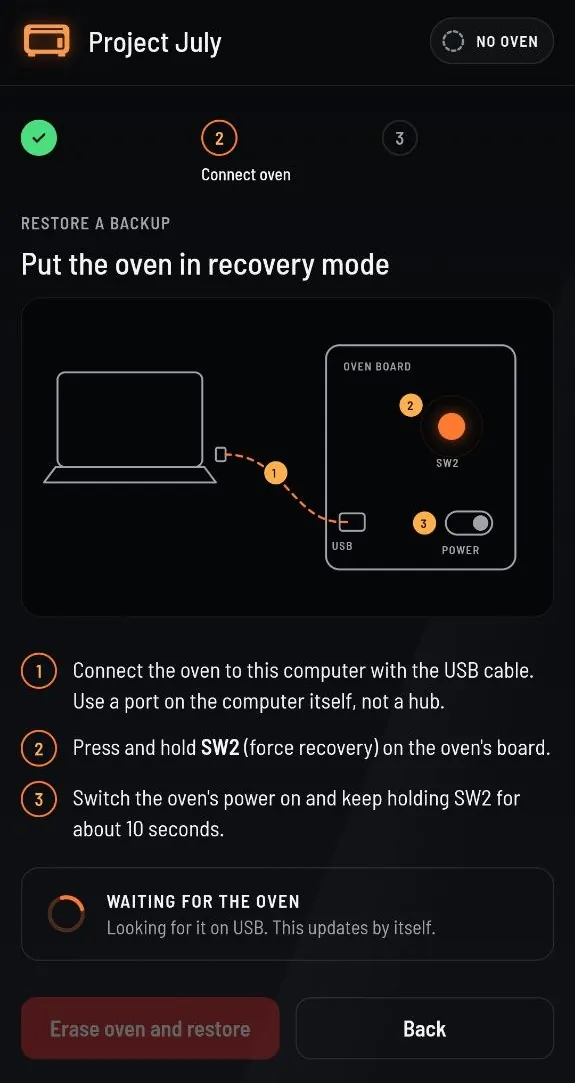 Installer screen: Put the oven in recovery mode, with a drawing of the laptop, USB cable, SW2 and power switch, the three steps, and a Waiting for the oven panel.
