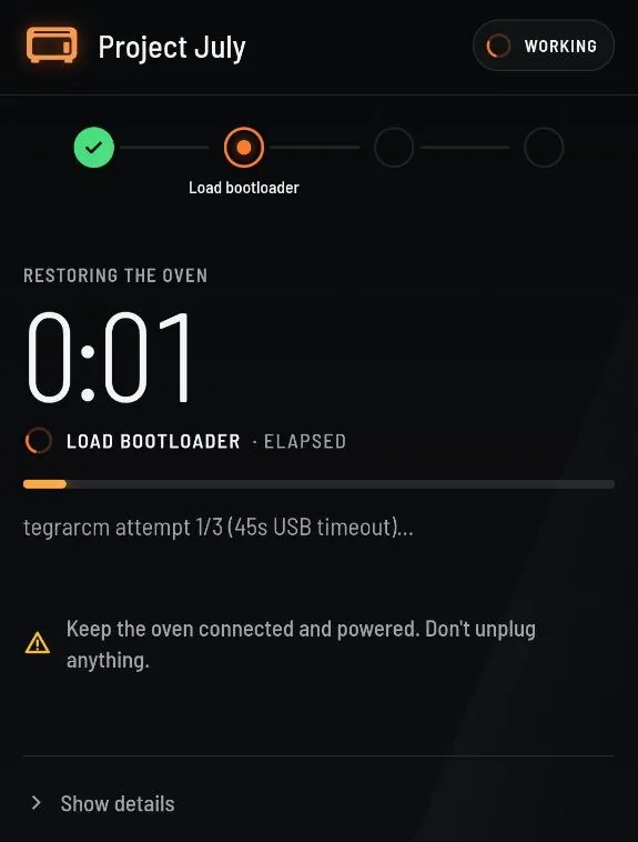Installer progress: step 2 of 4, Load bootloader, 0:01 elapsed, tegrarcm attempt 1 of 3.