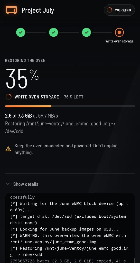 Installer progress at 35 percent: Write oven storage, 76 s left, 2.6 of 7.3 GiB at 65.7 MB/s, with the live log open under Show details.