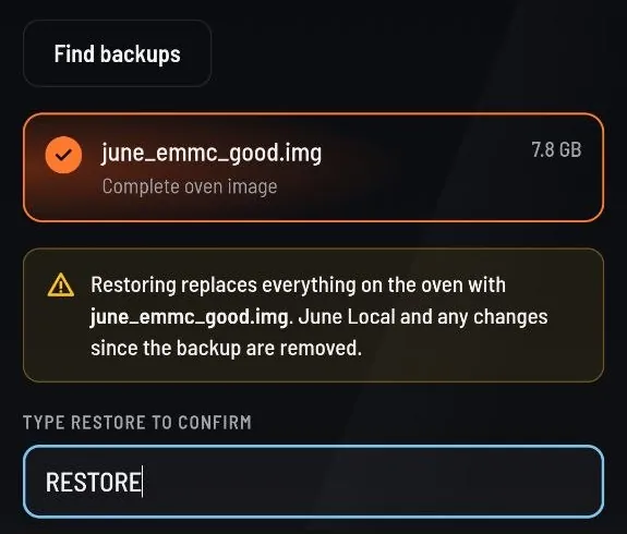 Restore confirmation: june_emmc_good.img selected, a warning that restoring replaces everything on the oven, and RESTORE typed in the confirmation box.