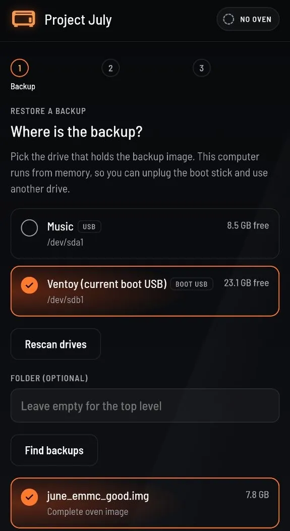 Installer screen: Where is the backup? A drive list with Music (USB) and Ventoy (current boot USB, 23.1 GB free) selected, Rescan drives, an optional folder, Find backups, and june_emmc_good.img, 7.8 GB, selected.